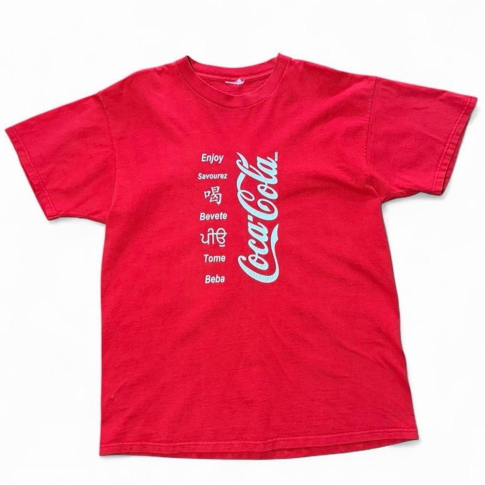 Vintage 90s Red Multilingual Coca-Cola Spanish Italian Graphic T-shirt XL